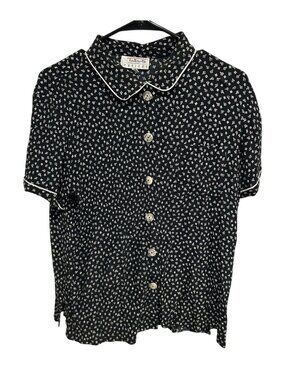 Talbots Petites Black White Buttoned Short Sleeves Peter Pan Collar Sz PL